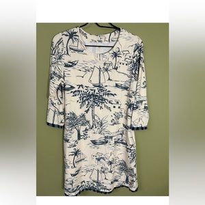 Spartina 449 Ecru & Navy Daise Seascape Island Fringe A-Line Dress Size Medium